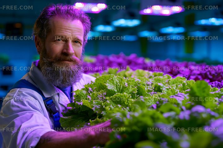 Gardener working with lettuce in indoor farm with LED lights