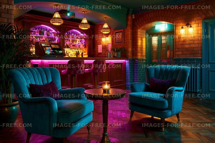 Seating area in a modern bar with vibrant lighting and décor