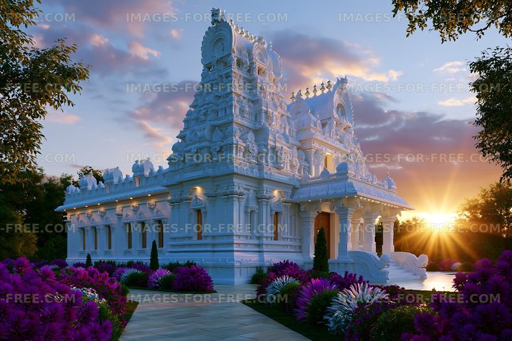 Sunset view of a white temple surrounded by colorful flowers