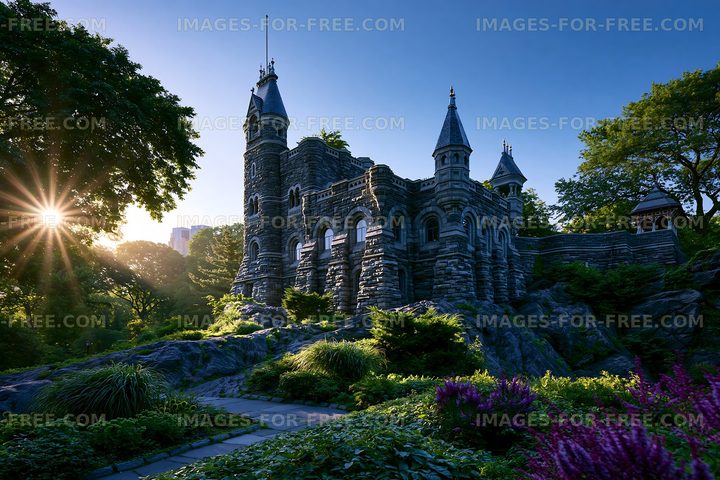 Stone castle surrounded by trees and flowers at sunset