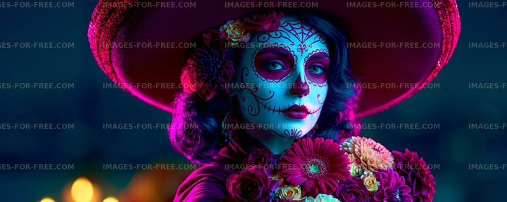 Woman with skull makeup wearing hat and floral decorations