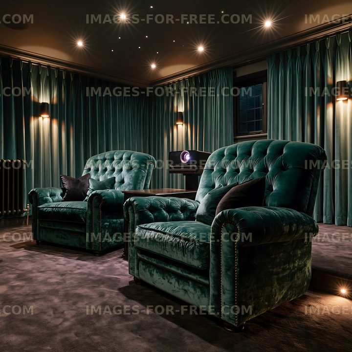 Two green velvet chairs in a home theater with dim lighting