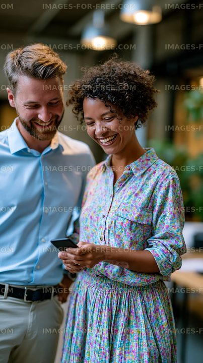 Couple sharing a moment while looking at a phone in a cafe