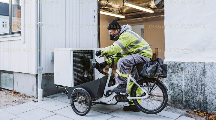 Delivery person on cargo bike handling equipment near building