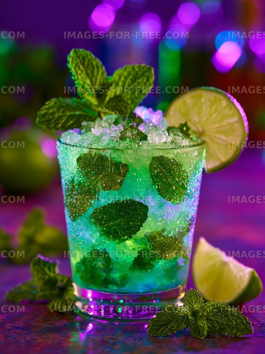 Minty green cocktail with lime and mint leaves on a bar counter