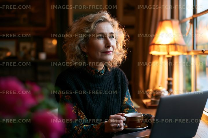 Woman sitting by a window while drinking coffee