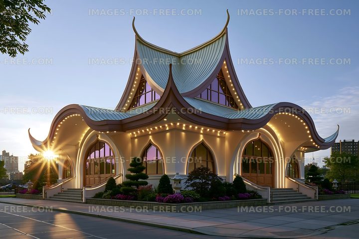 Building with unique architecture and soft lighting at sunset
