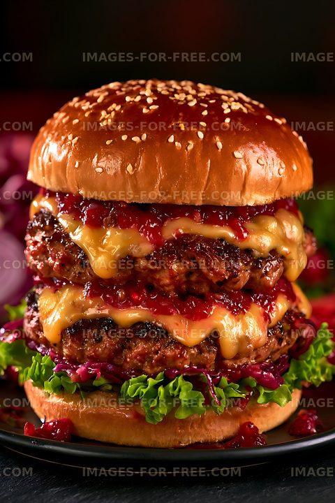 Stacked burger with melted cheese and toppings on a dark background