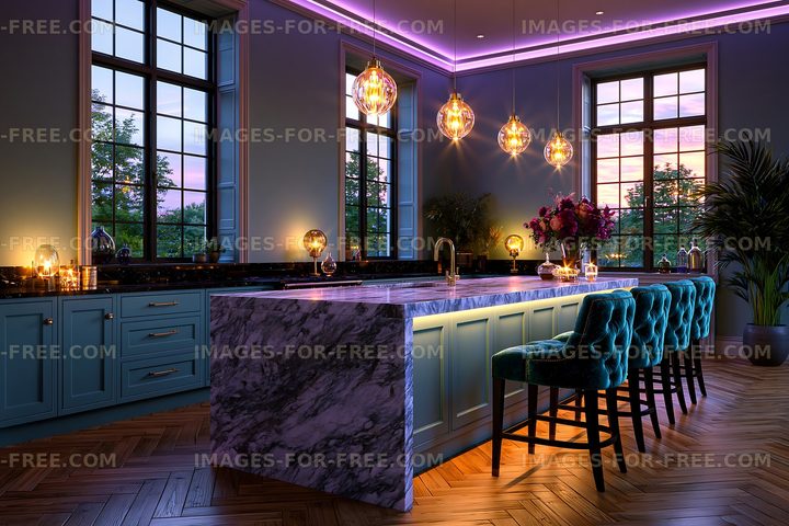 Modern kitchen with marble island and decorative lighting