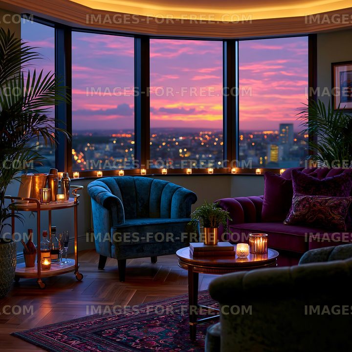 Sunset view from a stylish living room with candles and plants
