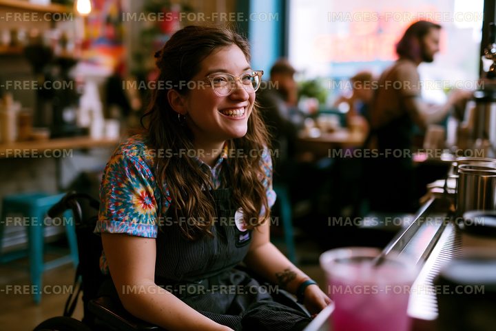 Woman in a wheelchair smiles while working in a cafe