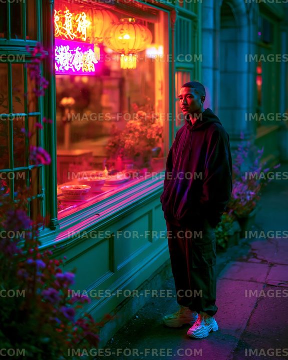 Urban scene with a person standing by a brightly lit restaurant window