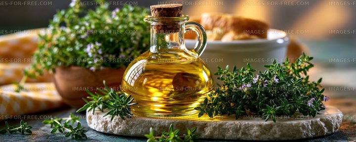 Herbs and oil arranged on a table with bread and a bowl