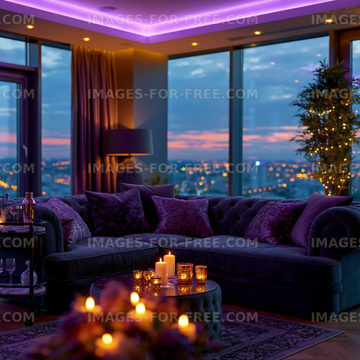 Modern living room with city view at dusk