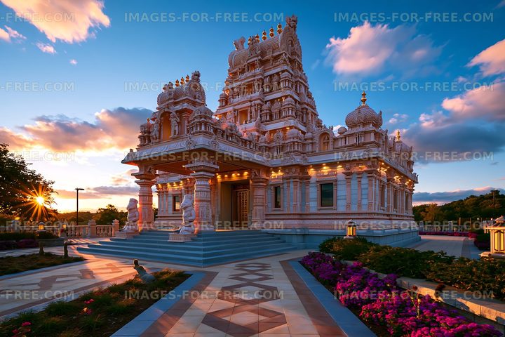 Hindu temple with intricate architecture under sunset sky