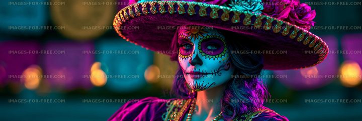 Woman in traditional attire with sugar skull makeup during celebration