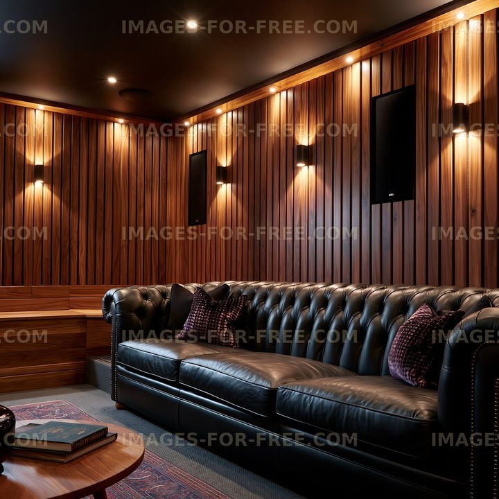 Modern living room with leather couch and wooden wall
