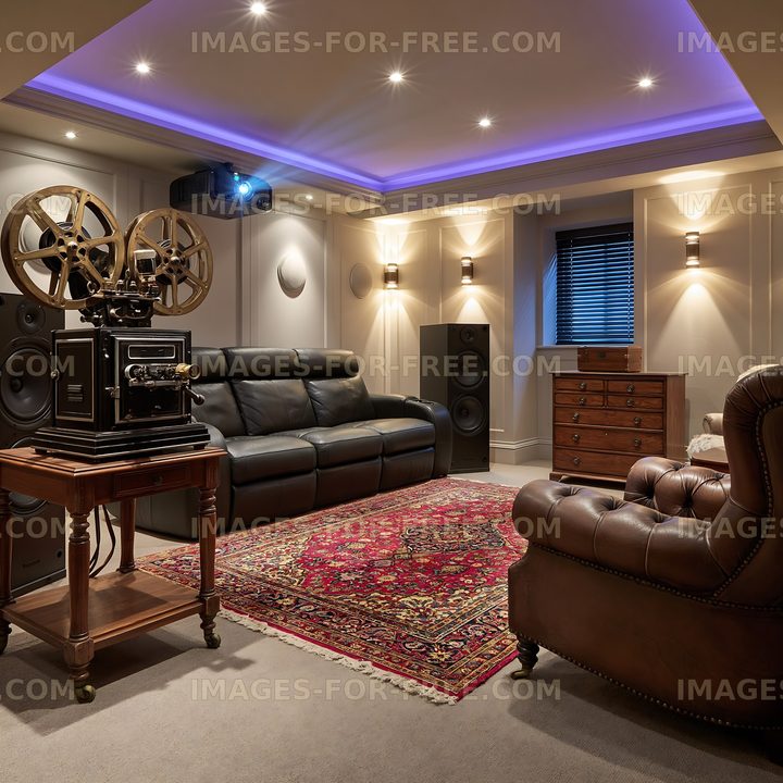 Home theater setup with vintage film projector and modern seating