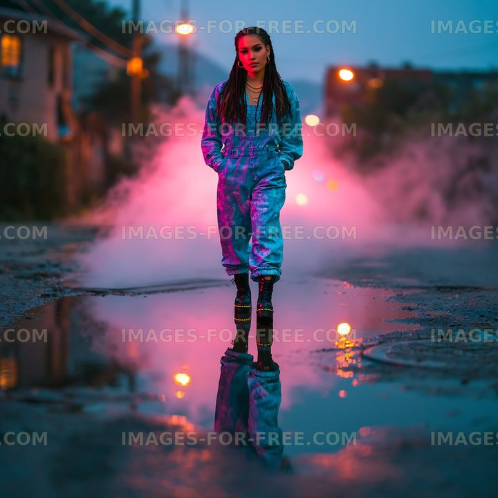 Woman in blue outfit walks through urban street at dusk