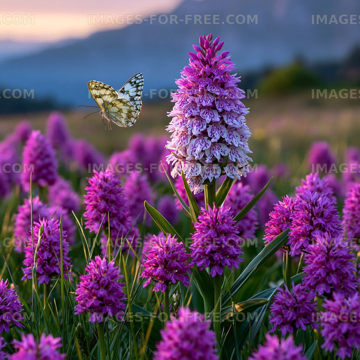 Butterfly flying near purple flowers in a sunny field