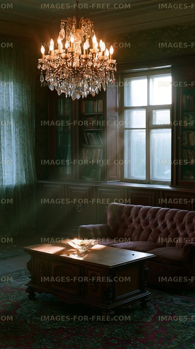 Chandelier in a vintage room with a velvet sofa and sunlight