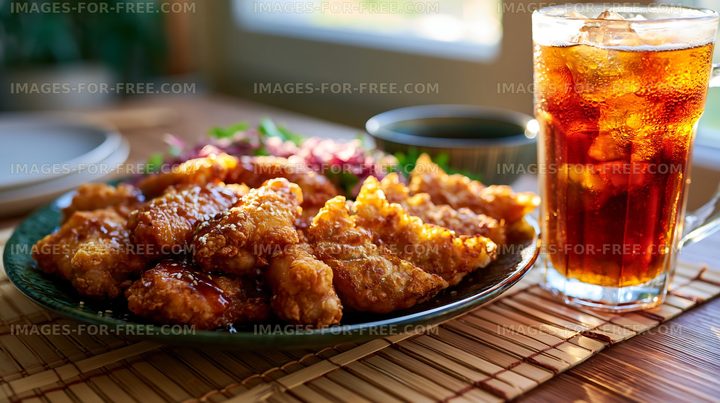 Fried chicken served with salad and a cold drink