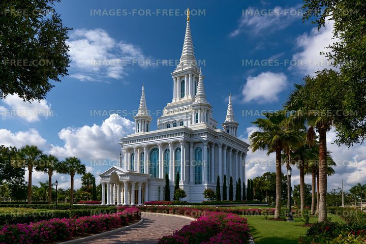 White temple surrounded by greenery and flowers on a sunny day