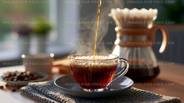 Coffee brewing in clear cup with steam rising in kitchen