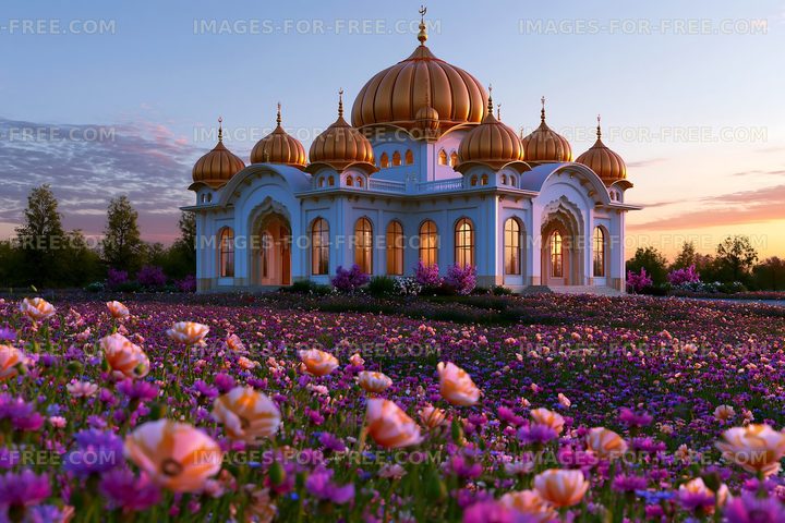 Large building with domes surrounded by flowers at sunset