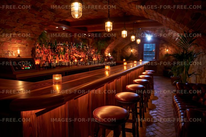 Cozy bar interior with brick archways and wooden counter