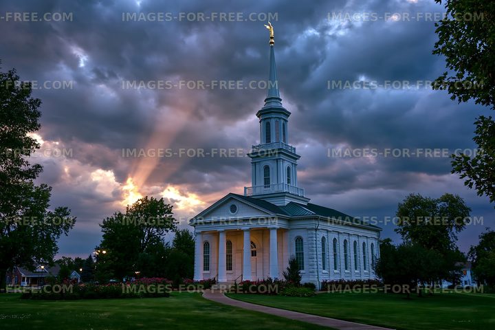 Church building under cloudy sky with rays of sunlight