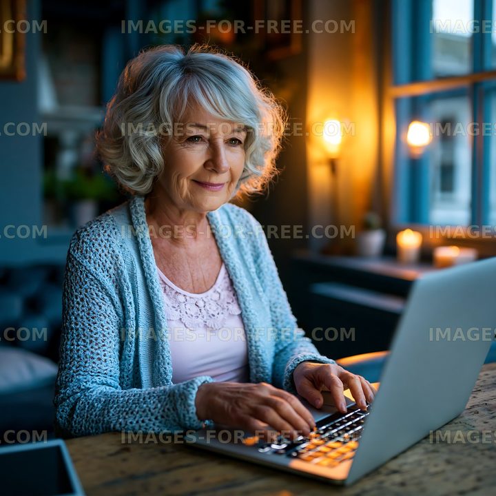 Senior woman working on laptop at home in cozy evening light