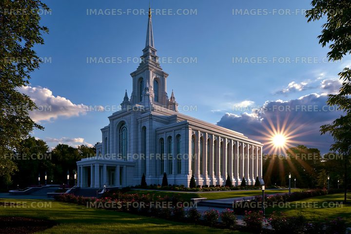 Bright sun shines on a large church building at dusk