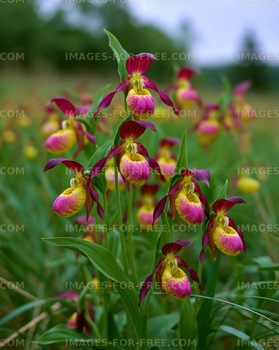 Orchids blooming in a green field on a cloudy day