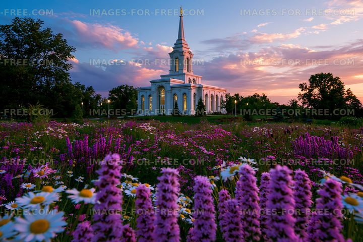 Church surrounded by flowers at sunset with clouds in the sky
