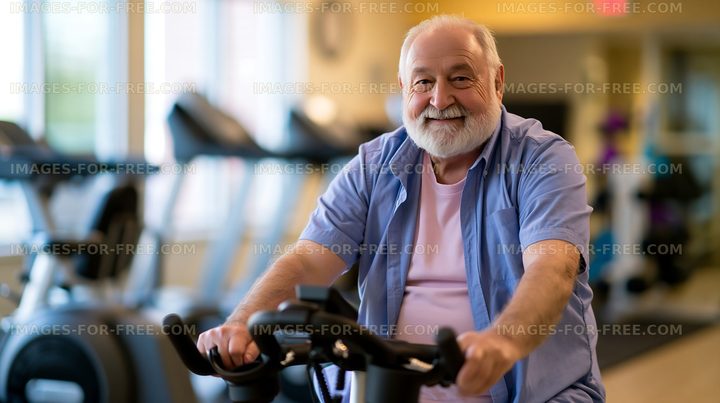 Senior man exercising on stationary bike in fitness center