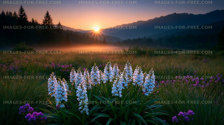 Sunrise over a meadow with wildflowers in the mountains