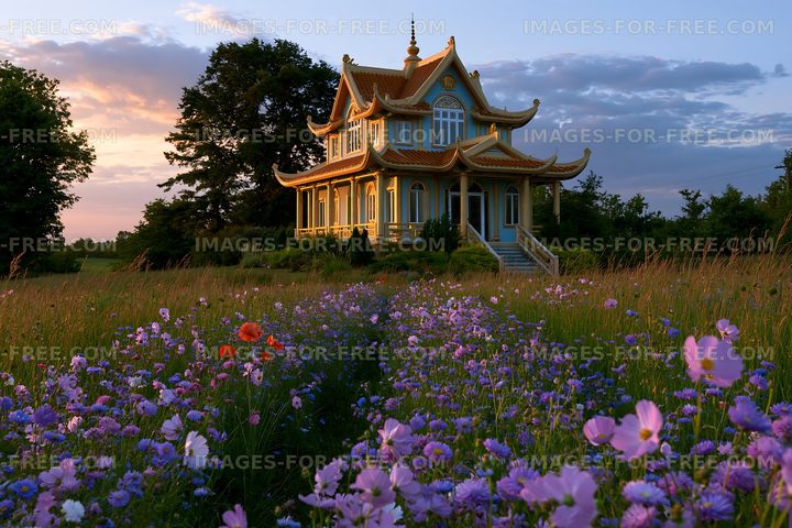 Nature scene with a house and colorful flowers at sunset