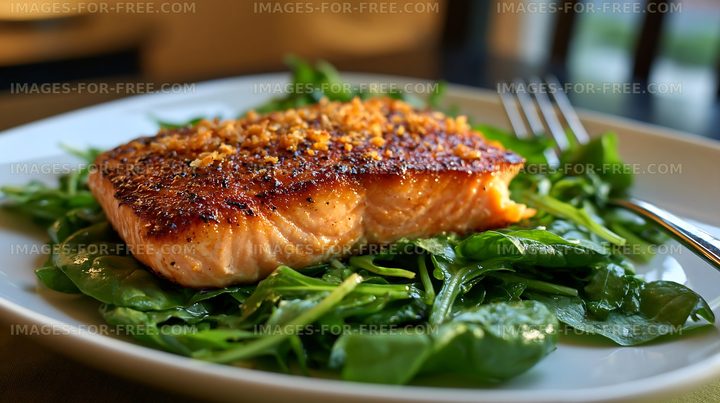 Salmon fillet served on a bed of fresh spinach leaves