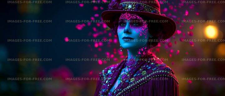 Colorful character with painted face and flower petals around