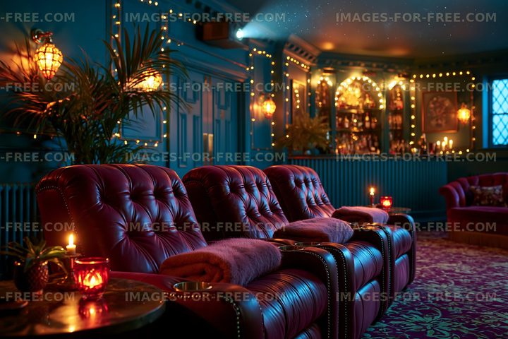 Cozy seating area with projector and warm lighting in a lounge