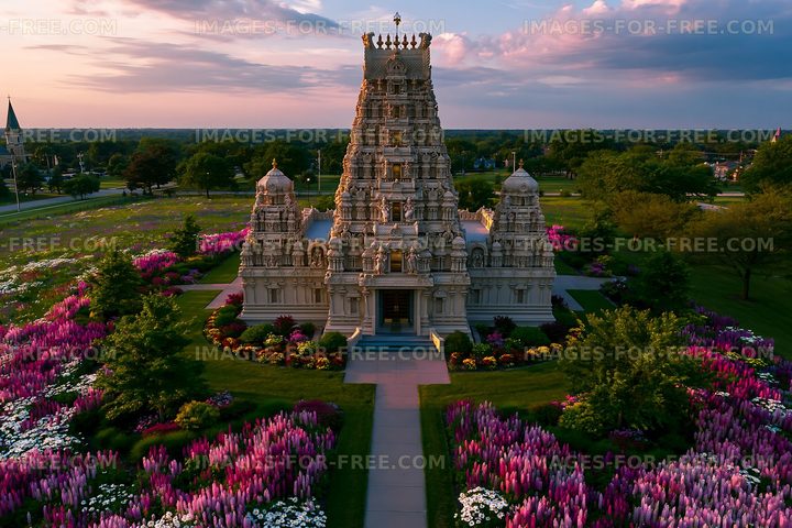Colorful flowers surround a temple at sunset in a garden