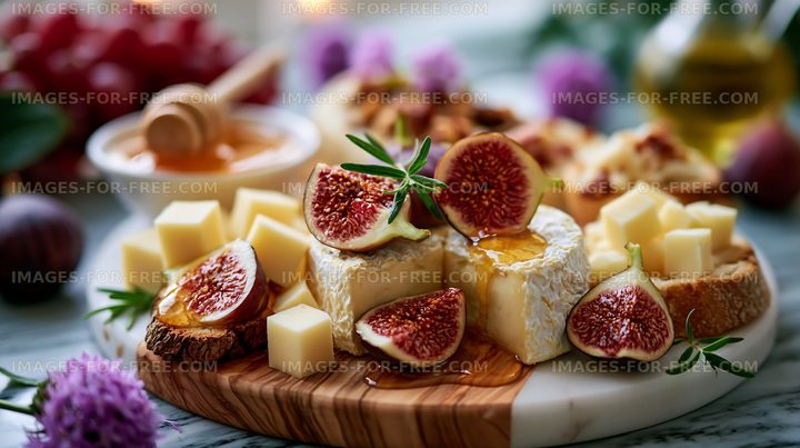 Cheese and figs on a wooden board with honey and flowers