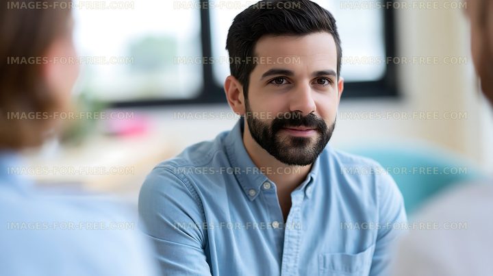 Man engaging in conversation with two people in a bright room