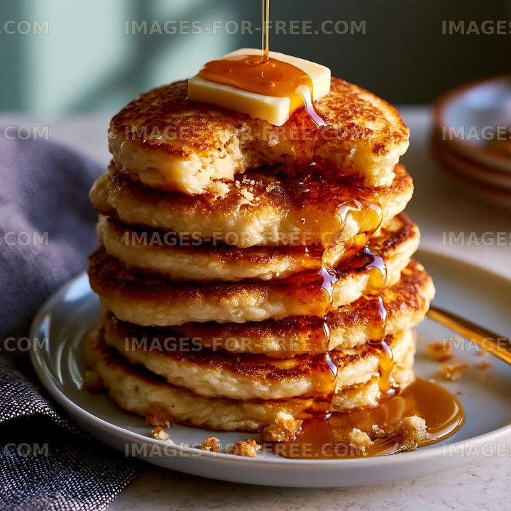 Stack of pancakes with syrup and butter on a plate
