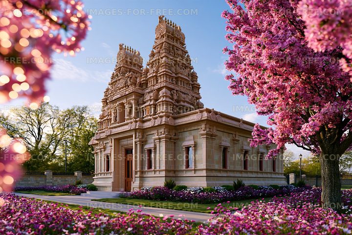 Temple surrounded by blooming flowers during daytime