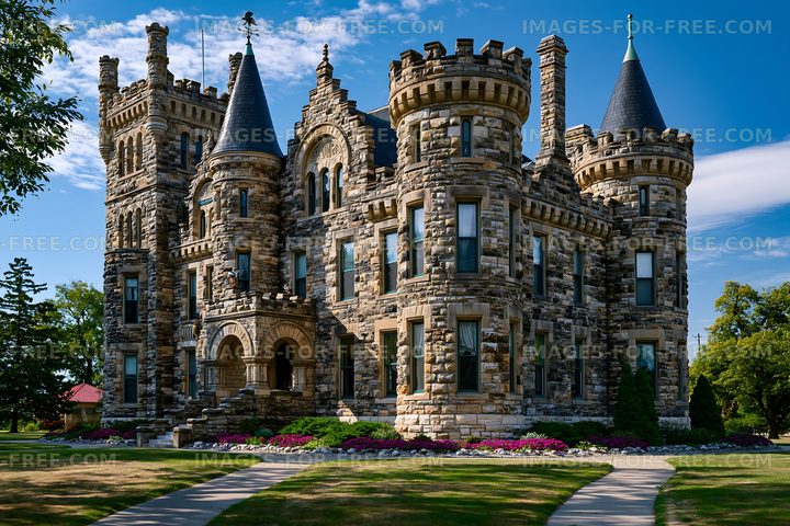 Historic stone castle with turrets and landscaped gardens