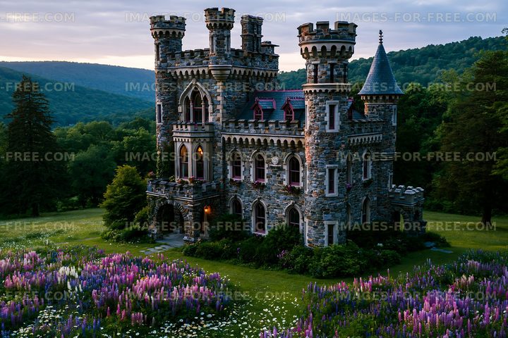 Historic castle surrounded by flowers in a green landscape
