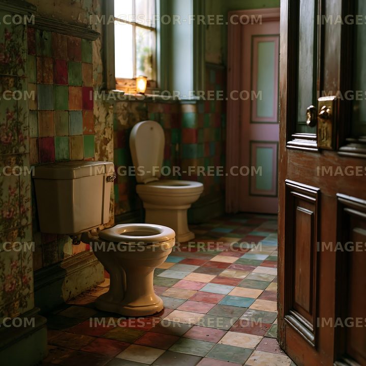 Brightly colored tiled bathroom with vintage fixtures
