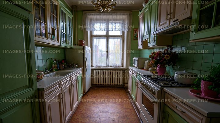 Modern kitchen with green cabinets and natural light